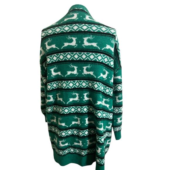 Christmas Cozy Cardigan in Green, Black and White-Fair Isle Style with Reindeer - Picture 2 of 4